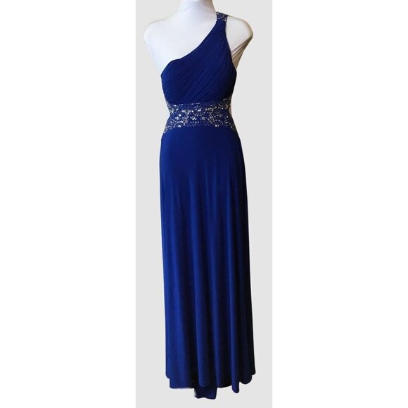 Blondie Nites by Stacy Skylar Cobalt Blue Rhinestones One Shoulder Gown Jrs 3💰 - Picture 1 of 16